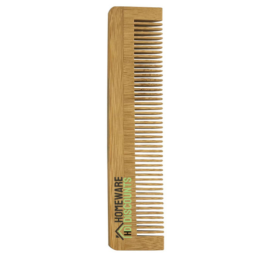 A bamboo comb with a simple design, featuring fine and wide teeth, and a logo on the side.