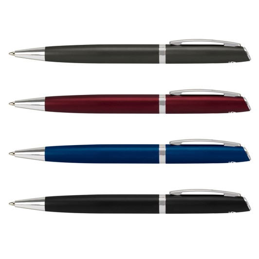 A collection of four metal pens in green, burgundy, blue, and black with silver accents and a logo.