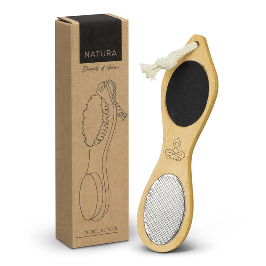 A NATURA pedicure tool made of bamboo, featuring a textured surface and a rope loop, displayed with its packaging.