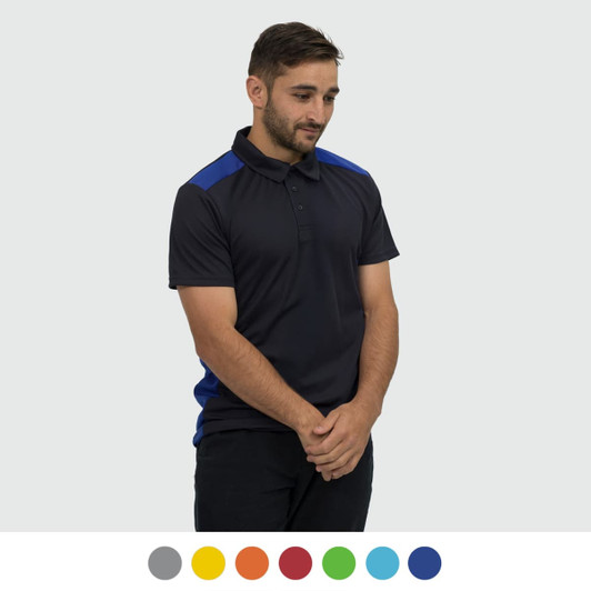 A navy and blue men's polo shirt featuring a logo. The shirt has short sleeves and a collar.