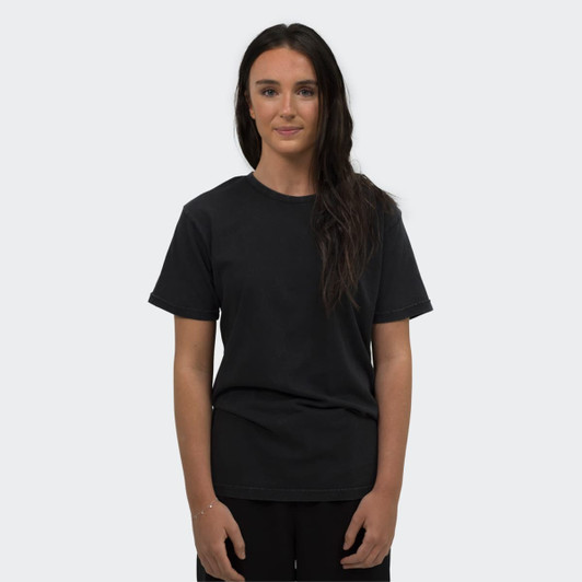 A black unisex T-shirt displayed on a model, featuring a simple design and a relaxed fit.