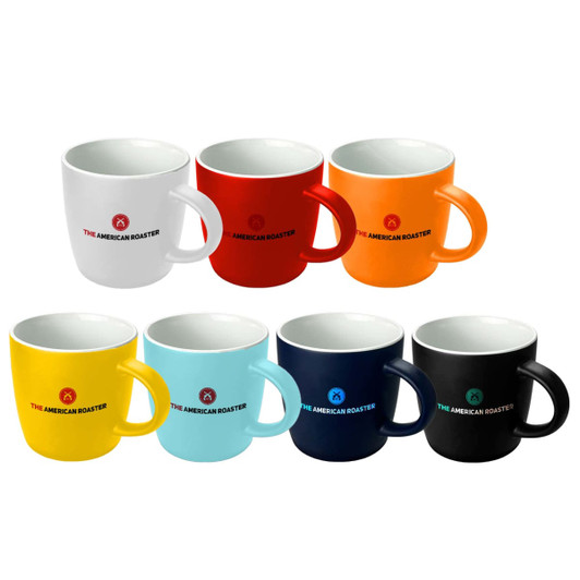 A set of eight coffee mugs in various colours including yellow, blue, red, orange, and black, each featuring a logo.