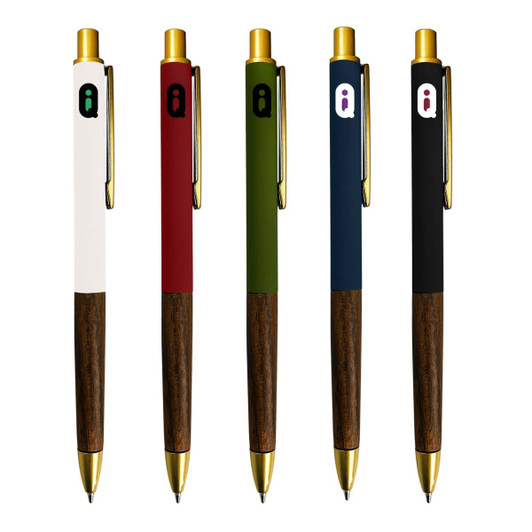A collection of five Zavier metal pens in white, red, green, navy, and black, featuring wooden accents and a logo.
