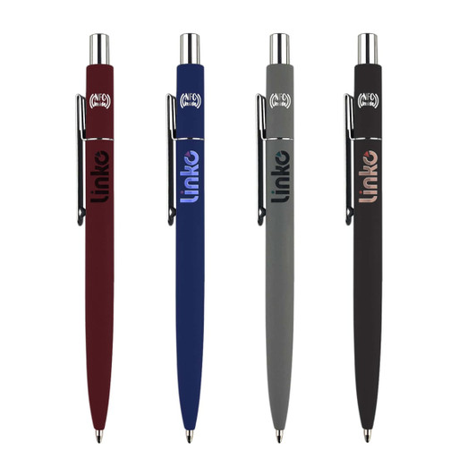 A collection of four metal pens in burgundy, blue, grey, and black, each featuring a logo.