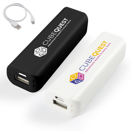 A set of two power banks in black and white, featuring the CubeQuest logo. Accompanied by a USB charging cable.