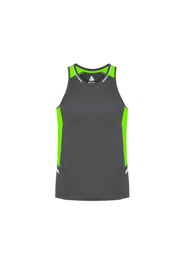 A men's singlet in grey with bright green accents and a logo on the chest. Suitable for sportswear.