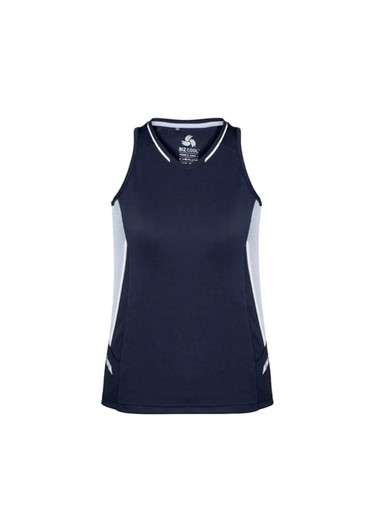 A navy blue women's singlet featuring light grey side panels and a logo on the front.
