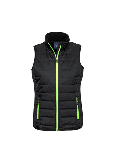 A women's black vest featuring a zip front and green accents, with two side pockets and a high collar.