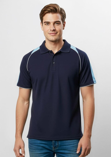 A navy blue men's polo shirt with light blue accents, featuring short sleeves and a collar. There is a logo on the chest.