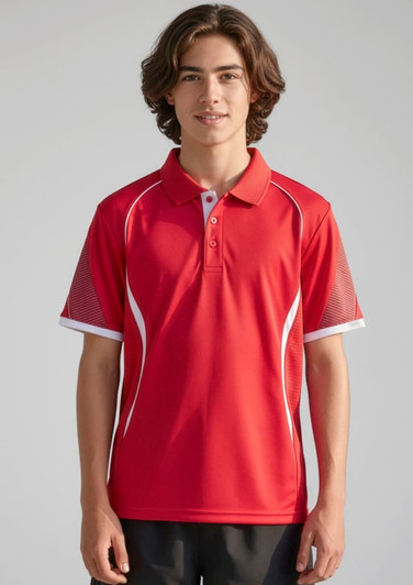 A red short sleeve polo shirt with white accents and a logo on the chest. Suitable for kids.