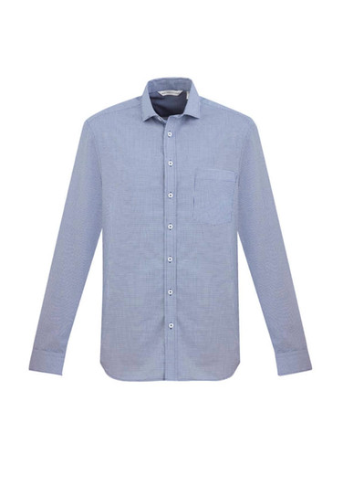 A long sleeve button-up shirt in light blue with a chest pocket and a logo.
