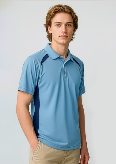 A men's short sleeve polo in light blue with navy side panels, featuring a logo on the chest.