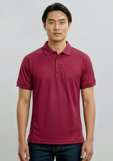 A maroon men's short sleeve polo shirt with a collar and logo, displayed on a model against a neutral background.