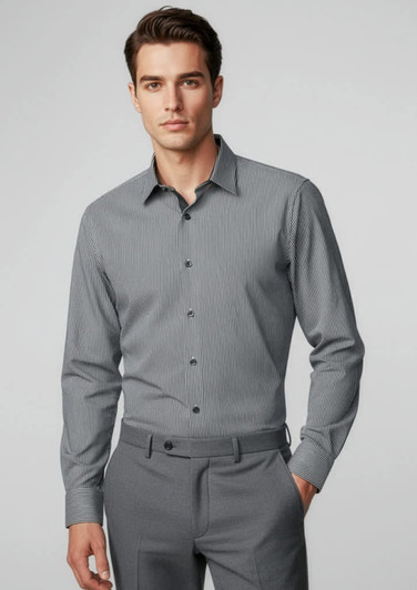 A long sleeve button-up shirt in grey with a subtle pattern, featuring a logo and black buttons.