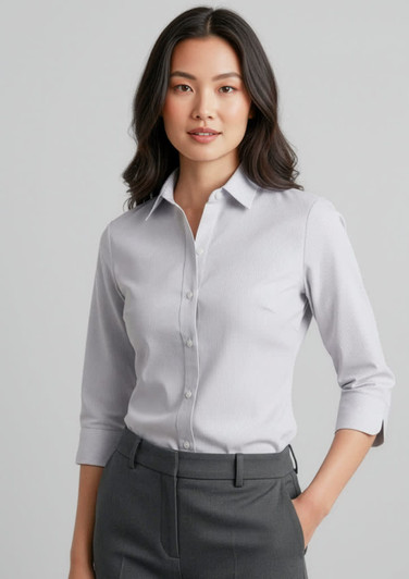 A light grey women's button-up shirt with 3/4 sleeves, featuring a collar and a front button closure.