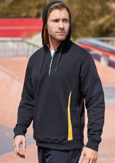 A black unisex hoodie with a yellow side panel and a drawstring hood, featuring a branded logo.