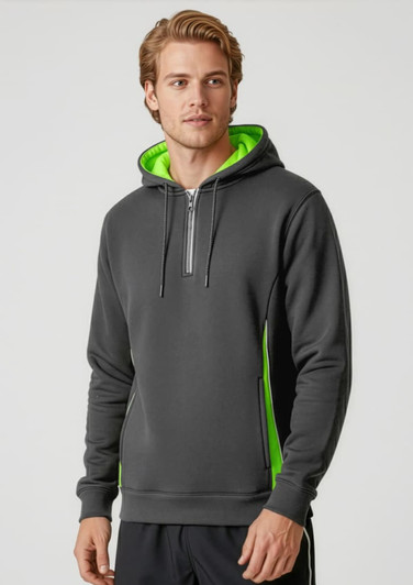 A grey unisex hoodie with a green lining and accents, featuring a zippered neckline and pockets. It has a logo.