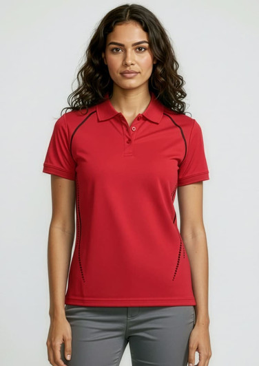 A red short sleeve polo shirt for women, featuring black detailing and a logo.