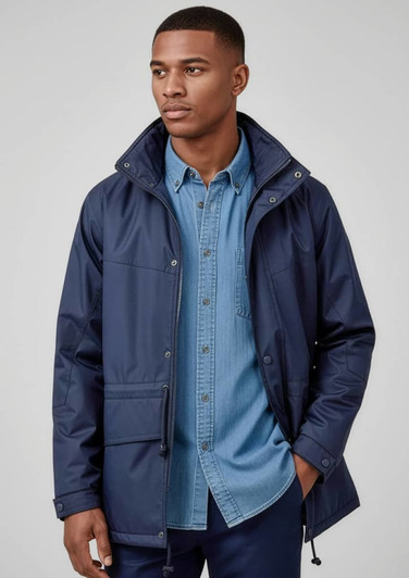 A navy unisex puffer jacket with a hood, featuring pockets and a casual fit, worn over a denim shirt.