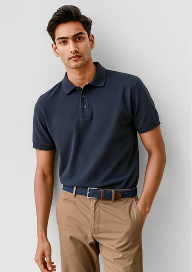 A navy blue short sleeve polo shirt, worn by a man, paired with khaki trousers. The polo features a collar and a logo.