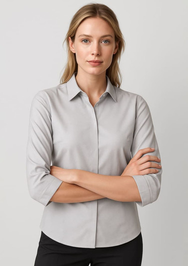 A light grey women's button-up shirt with 3/4 sleeves, featuring a collar and a fitted design.