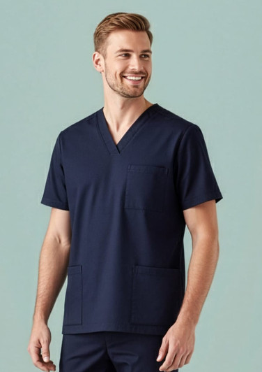A navy men's scrub top featuring a v-neck design and a pocket, suitable for medical uniforms.
