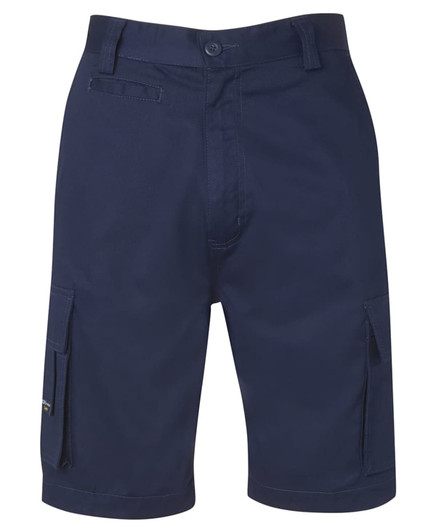 Navy cargo shorts featuring multiple pockets and a button closure, with a logo present.