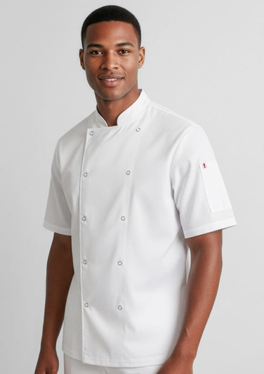 A short sleeve chef jacket in white, featuring a double-breasted design and a logo on one sleeve.