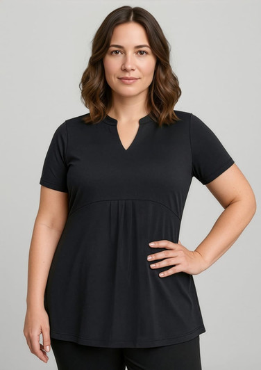 A black women's Mali Stretch Tunic T-Top featuring a V-neck and short sleeves, with a stylish pleated design.