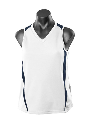 A sleeveless white singlet with navy accents and a logo, displayed on a black mannequin.