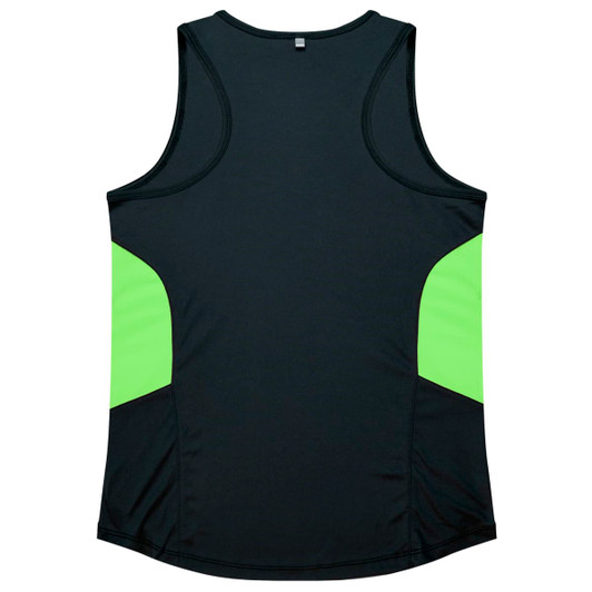 A black singlet featuring bright green side panels and a logo. Suitable for active wear.