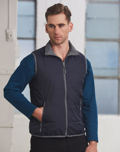 A navy blue men's vest with grey accents, featuring a zip front and pockets.