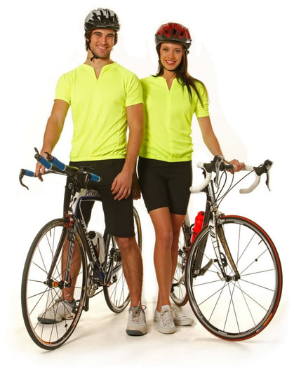 A unisex cycling top in bright yellow, worn by two models with bicycles, set against a plain background.