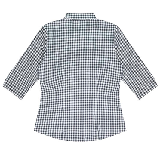 A button-up shirt in a black and white gingham pattern, featuring 3/4 sleeves and a collared neck.