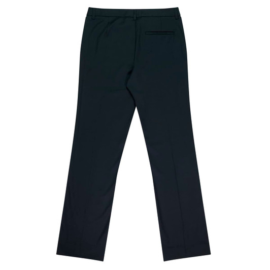 A pair of women's black trousers featuring a straight leg design and a back pocket, with a logo present.