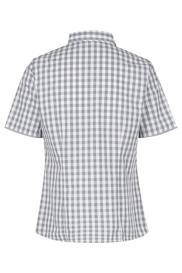 A short-sleeved button-up shirt featuring a grey and white check pattern and a collar. It has a logo.