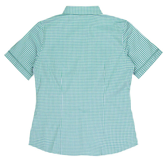 A short-sleeve button-up shirt in green and white checkered pattern, featuring a collar and a structured back.