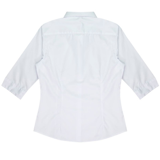 A white button-up shirt with 3/4 sleeves and a fitted design, featuring a logo on the back.