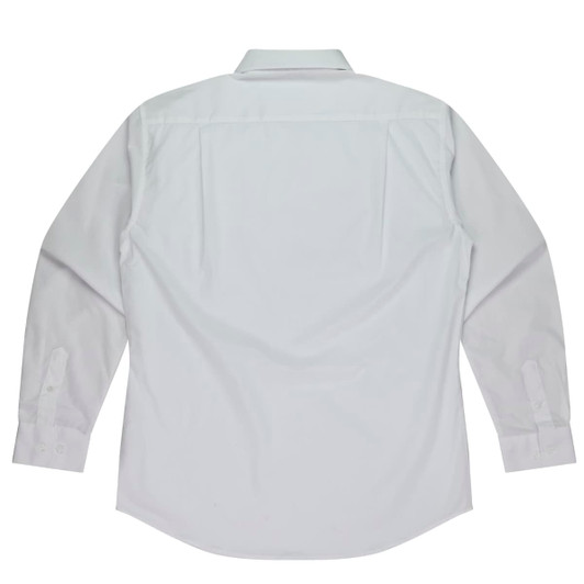 A white long-sleeve button-up shirt with a plain back and cuffed sleeves, featuring a logo.
