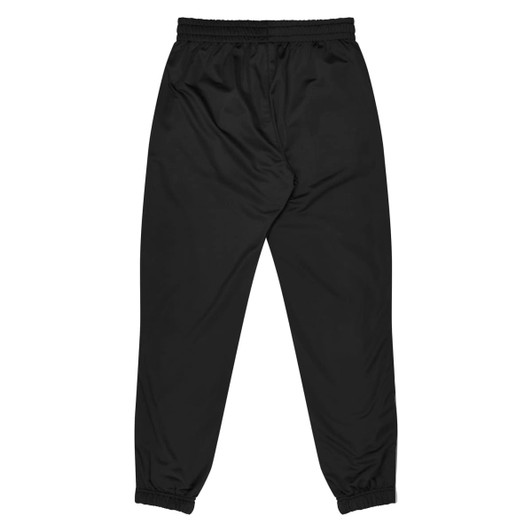 Black track pants with an elastic waistband and cuffs, featuring a logo on the design.