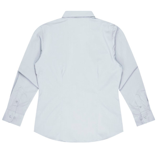 A long-sleeve button-up shirt in light blue, featuring a classic collar and buttoned cuffs. Includes a logo.