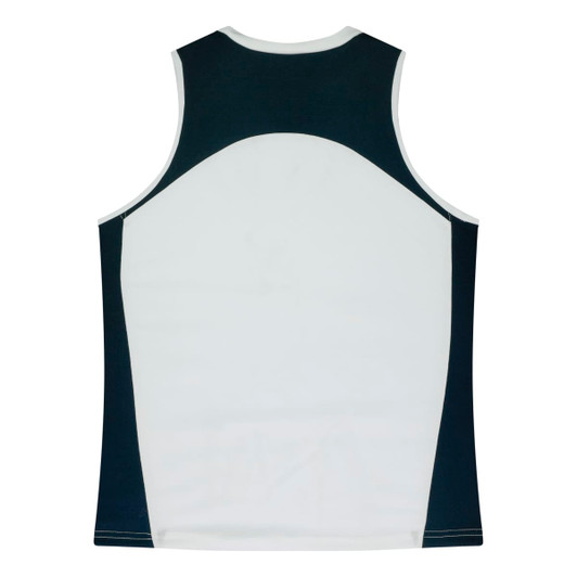 A singlet top in white and navy, featuring a logo, with a sporty design and a comfortable fit.