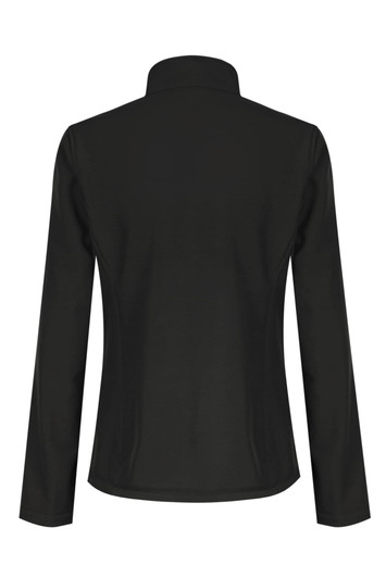 A black soft shell jacket with a collar and long sleeves, featuring a logo on the back.