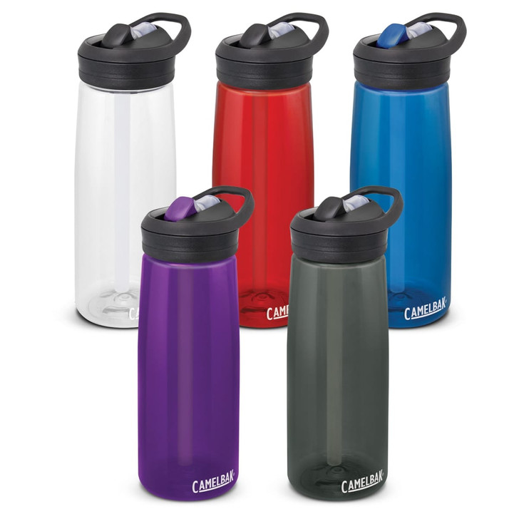 A drink bottle collection featuring five CamelBak Eddy+ bottles in clear, red, blue, purple, and grey colours, each with a lid.