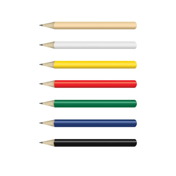 A collection of HB mini pencils in various colours: yellow, white, red, green, blue, black, and natural wood.