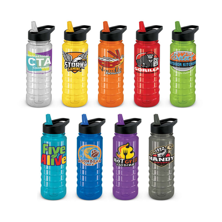 A drink bottle with a black lid, featuring various bright colours and designs, including logos and text, arranged in a grid.