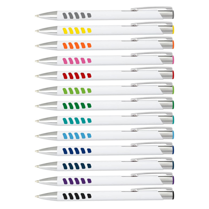 A collection of white barrel pens in various colours, featuring a sleek design and silver accents.