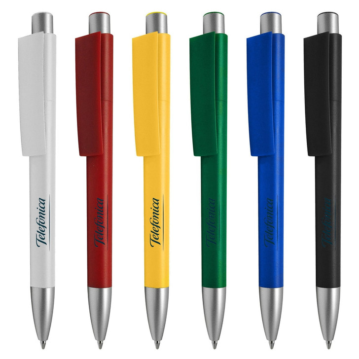 A selection of plastic pens in white, red, yellow, green, blue, and black, each with a branding logo.