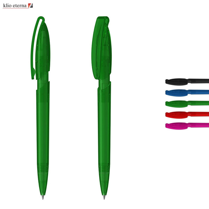 A green transparent plastic pen with a clip, alongside pens in black, blue, red, and pink. Features a logo.