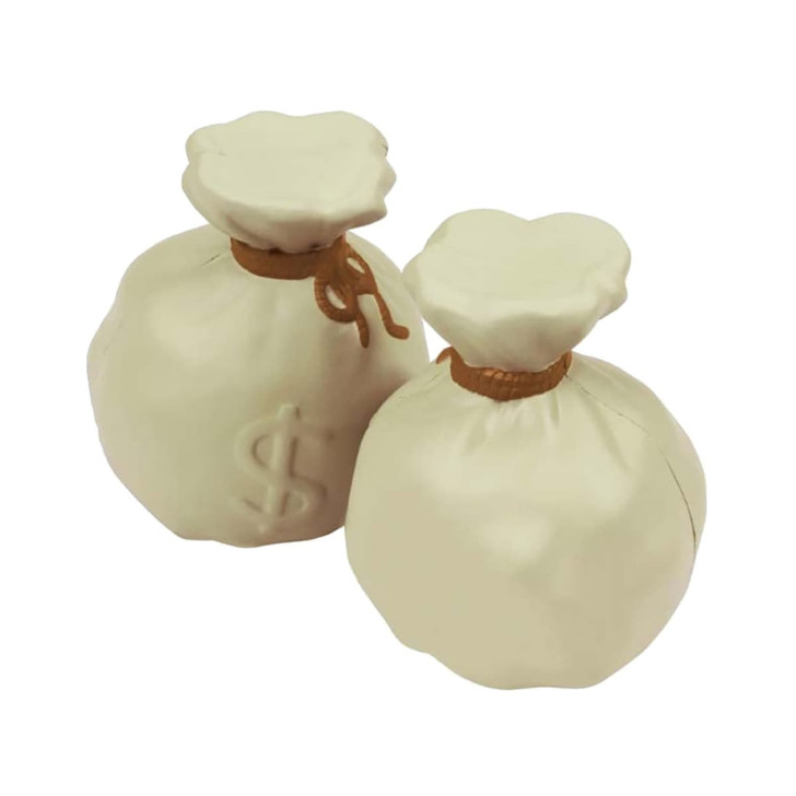 A pair of cream-coloured stress money bags with drawstring closures and dollar signs embossed on the front.